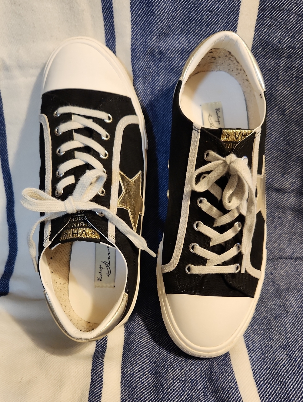 Vintage Havana Black Canvas Sneakers with Gold Star Accent